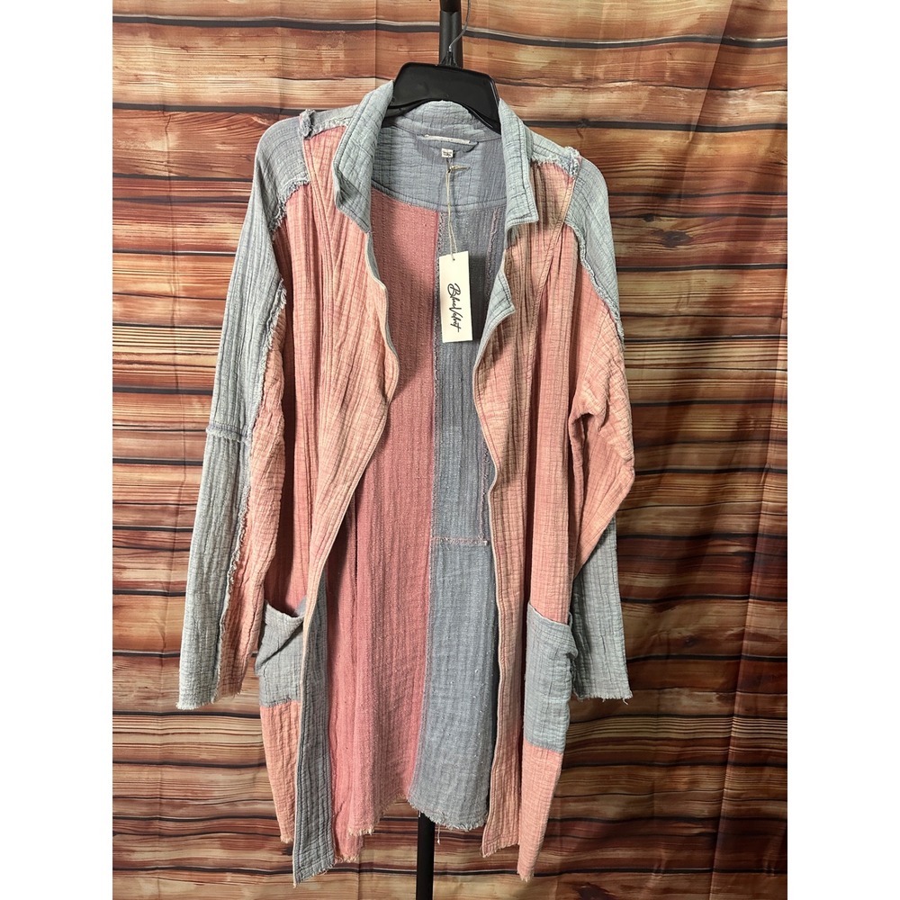 NWT Blue Velvet Dusty Rose and Blue Color Block Duster/Open Coat Sz L